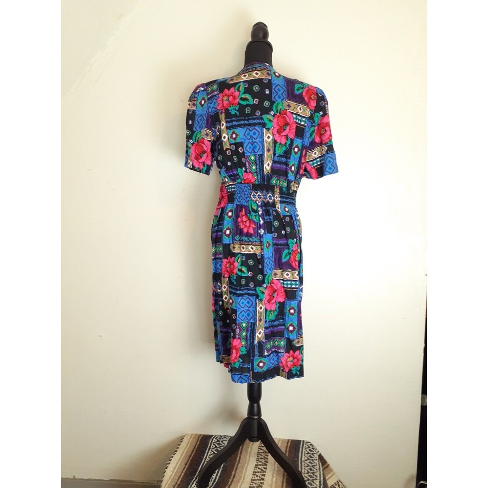 Vtg 80's Special Effects Midi Dress MP Black Floral Aztec Vibrant Smocked Rayon - Picture 3 of 13